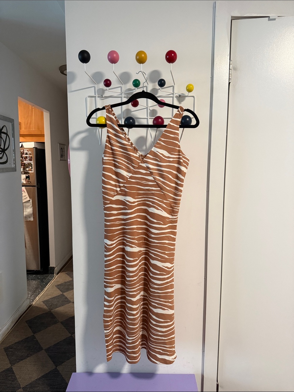 Silk Tan & White Zebra-Stripe Midi Dress